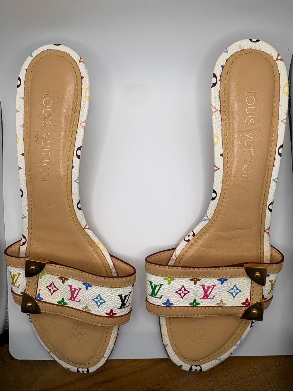 Louis Vuitton White Multicolor Monogram Slip-On Mules